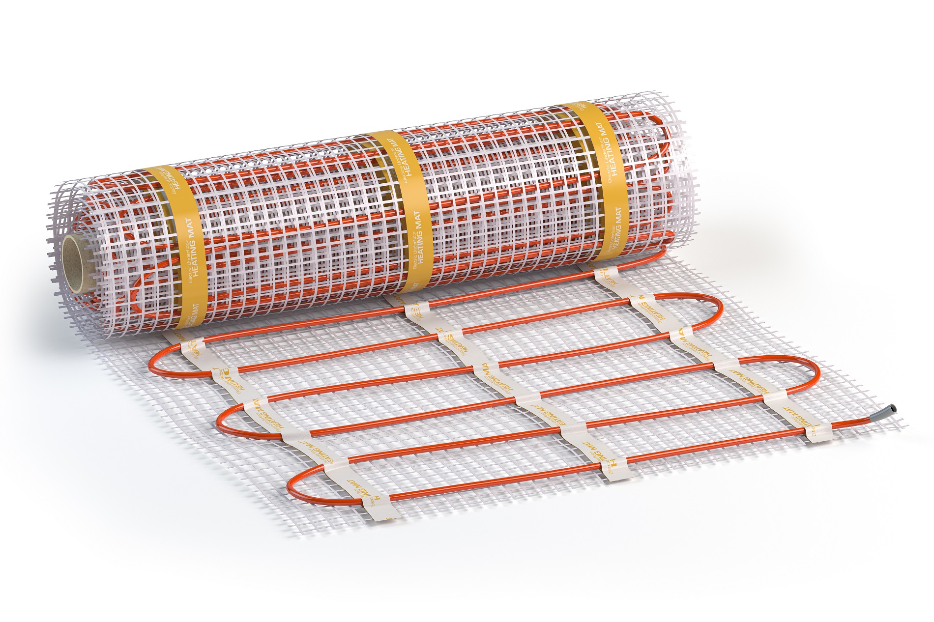 Mat electric floor heating system isolated on white. Heated warm
